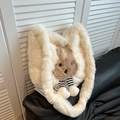 Cute off-white rabbit plush tote bag with dangling striped legs and fluffy texture - White