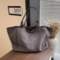 Large grey faux suede tote bag with leopard print interior for fall fashion casual use - Gray