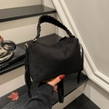 Retro black frosted suede handbag with fringed tassels and woven leather handle - Black