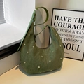 Green suede hobo bag with gold metal studs and adjustable leather shoulder strap - Green