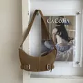 Brown faux suede hobo bag with moon shape and silver buckle details for women - Khaki