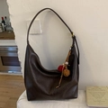 Dark brown large capacity hobo bag in soft leather with colorful pompom accessory - Brown