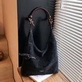 Retro black faux leather large tote bag with decorative wooden beads on handle - Black (With Pendant)