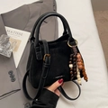 Fashionable black matte bucket bag with colorful beaded charm and adjustable strap - Black with Pendant