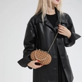 Brown polka dot evening clutch bag with gold bow clasp and metal handle for women - Brown