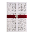 Elegant white laser-cut wedding invitation with burgundy ribbon and sparkling rhinestone - White