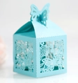 Elegant light blue laser-cut wedding favor box with intricate butterfly and floral patterns - Tiffany Blue