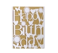 Laserschnitt Happy Birthday Karte mit Blumenmuster auf strukturiertem goldenem Hintergrund - Weiß