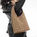Sac fourre-tout en daim marron avec rivets argentés et style punk bohème pour femme - Marron
