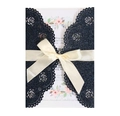 Intricate laser-cut navy glitter wedding invitation with cream satin ribbon and floral insert - Glitter Dark Blue