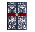 Navy blue laser cut wedding invitation with red silk ribbon and a rhinestone brooch decor - Magic Blue