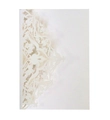 Close-up of laser-cut lace details and Baroque floral patterns on a white invitation card - Ivory