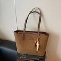 Brown frosted leather leopard tote bag with wooden bead charm and spacious bucket design - Brown with Pendant