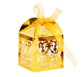 Laser-cut gold wedding favor box with intricate hollow design and orange silk ribbon - Reflective Gold