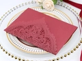 Detailed laser-cut lace design on burgundy wedding invitation card for elegant events - Dark Red