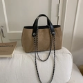Brown faux suede bucket tote bag with black leather handles and silver chain detail - Khaki
