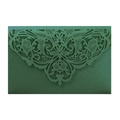 Detail of dark green pearlescent laser cut lace invitation with intricate floral patterns - Ink Green