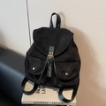 Vintage black faux suede backpack with faux leather straps and metal buckles - Black