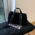 Black suede bucket bag with stylish chain strap and fixed top handle for women - Black