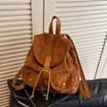 Brown vintage suede backpack for women with dual front pockets and metallic buckles - Brown