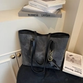 Grey tote bag with retro washed texture, black leather straps and elephant charm - Black
