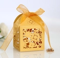Elegant gold laser-cut floral candy box with matching sheer ribbon for wedding favors - Gold
