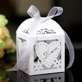 Macro detail of laser-cut heart pattern and Love lettering on white favor gift box - White