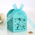 Teal laser-cut floral wedding favor box with ribbon bow for candy or jewelry gifts - Tiffany Blue