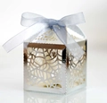 Detailed laser-cut silver spider web candy box with a lilac ribbon for Halloween parties - Reflective Silver