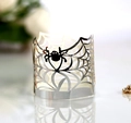 Detail of silver spider web tea light holder with black spider for Halloween decor - Reflective Silver
