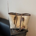 Chic beige canvas tote bag with brown leather trim and cute elephant charm - Grey and Coffee