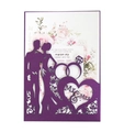 Detail view of purple laser cut wedding invitation with Mr & Mrs silhouette and heart patterns - Dark Purple
