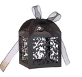 Elegant black laser-cut candy box with vine patterns and a matching organza ribbon bow - Black Khaki