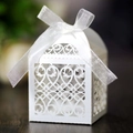 Elegant laser-cut white favor box with satin ribbon for weddings and parties - White