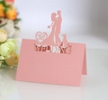 Pink pearl paper wedding heart place card with laser-cut Mr & Mrs and pet silhouettes - Pink