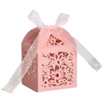 Pink laser-cut wedding favor box with hollow floral pattern and elegant satin ribbon - Pink