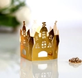 Elegant gold laser-cut castle paper tea light holder with mirror finish for Halloween decor - Reflective Gold