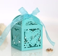 Light blue laser cut hollow heart wedding favor box with Love script and satin ribbon - Teal Blue