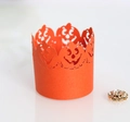 Orange Halloween pumpkin laser cut paper candle shade with festive hollow jack-o'-lantern design - Orange Red