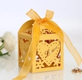 Elegant yellow hollow-out gift box with Love heart design and organza ribbon bow - Gold