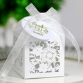 Macro shot of laser-cut floral gift box with white ribbon and Thank You gold tag - White (With Tag)