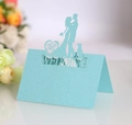 Macro detail of laser cut light blue wedding place card with Mr & Mrs silhouette - Light Blue Zircon