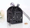 Detail of laser-cut black favor box with heart pattern, Love text and organza ribbon - Black