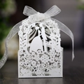 Macro shot of laser cut wedding favor box with bride and groom silhouette and ribbon - White