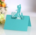 Blue laser cut wedding place card with Mr & Mrs silhouette and heart design - Teal Blue