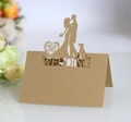 Champagne gold laser cut wedding place card with Mr and Mrs silhouette and heart motif - Beige Gold