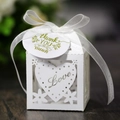 Detail of white laser-cut hollow heart candy box with Love motif and ribbon bow - White (With Thank You Tag)