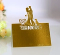 Detailed laser cut heart design on gold wedding table card with Mr and Mrs silhouette - Reflective Gold