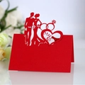 Red laser-cut wedding place card featuring groom bride silhouette and Mr & Mrs heart - Pearlescent Red