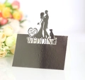 Detailed laser-cut black wedding place card featuring Mr & Mrs silhouettes and floral background - Reflective Silver